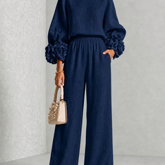 Carys Floral Cuff Two-Piece Set with Wide-Leg Trousers