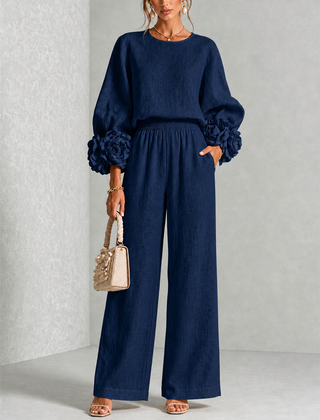 Carys Floral Cuff Two-Piece Set with Wide-Leg Trousers
