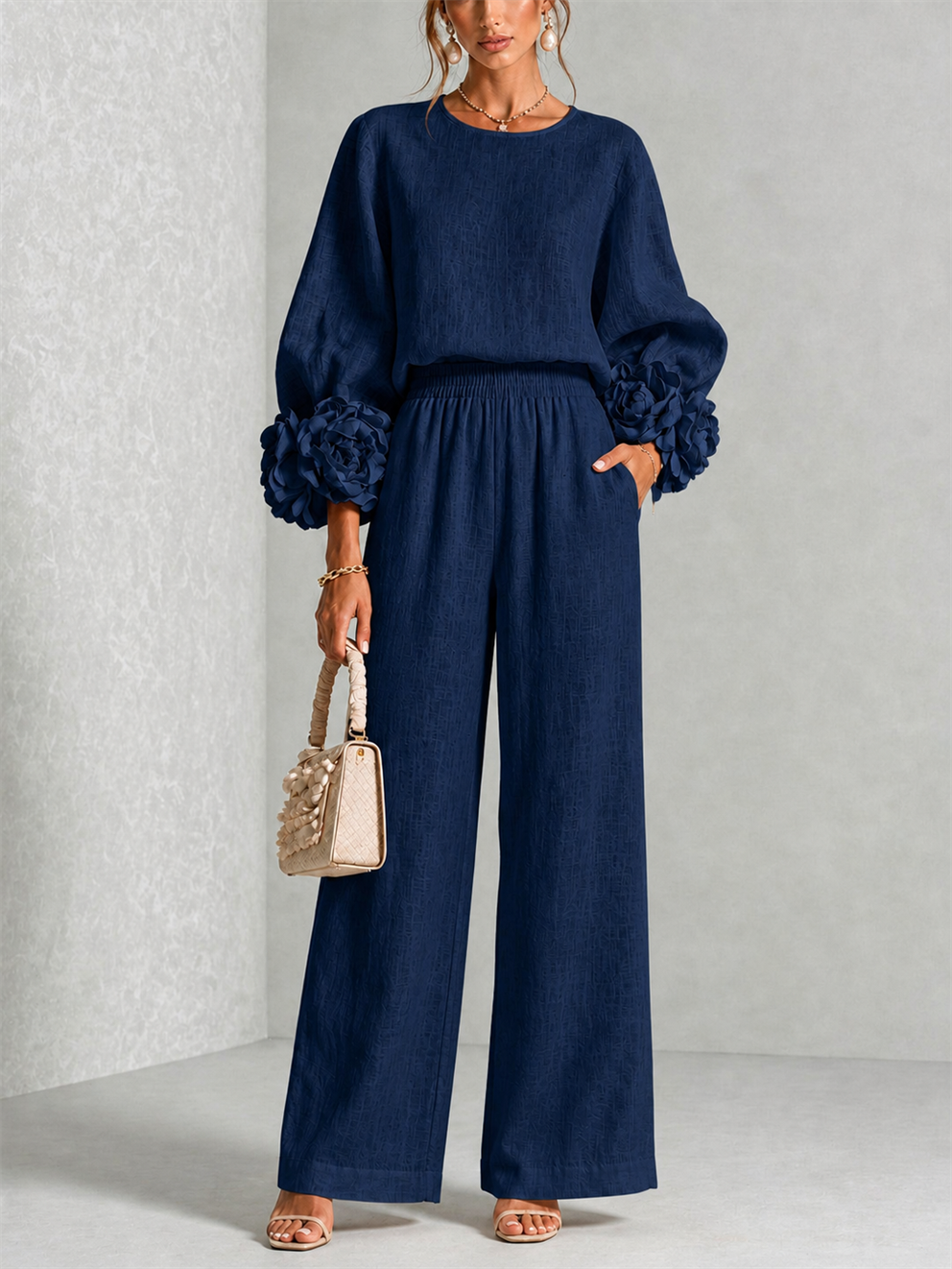 Carys Floral Cuff Two-Piece Set with Wide-Leg Trousers