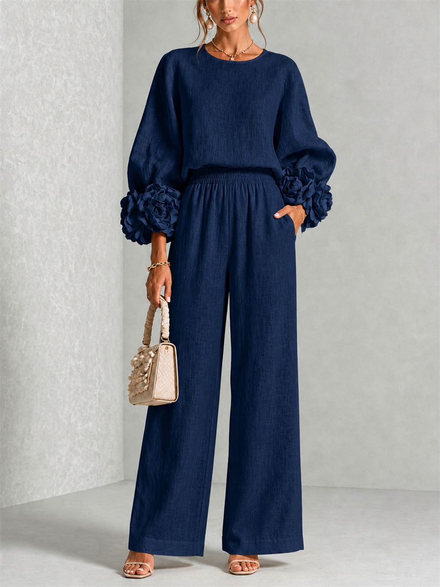 Carys Floral Cuff Two-Piece Set with Wide-Leg Trousers