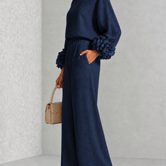 Carys Floral Cuff Two-Piece Set with Wide-Leg Trousers