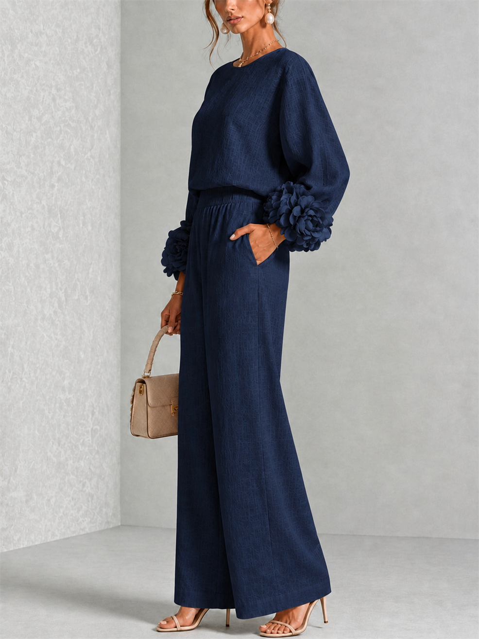 Carys Floral Cuff Two-Piece Set with Wide-Leg Trousers