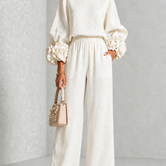 Carys Floral Cuff Two-Piece Set with Wide-Leg Trousers