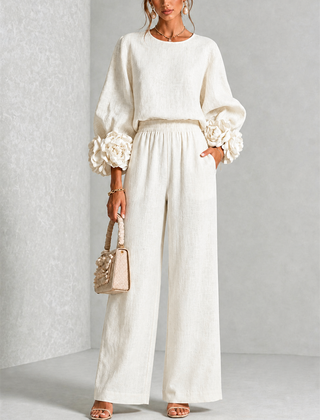 Carys Floral Cuff Two-Piece Set with Wide-Leg Trousers
