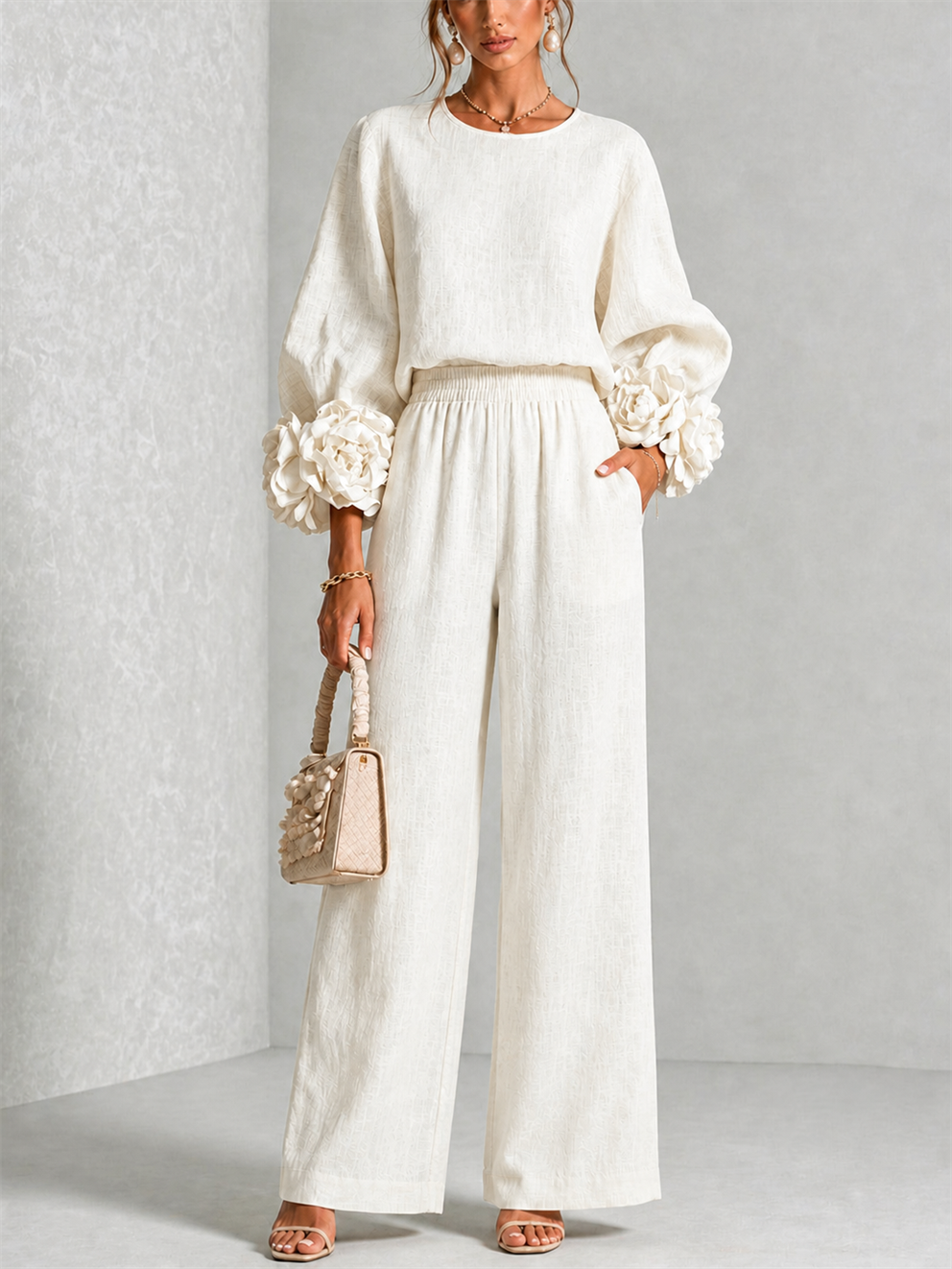 Carys Floral Cuff Two-Piece Set with Wide-Leg Trousers