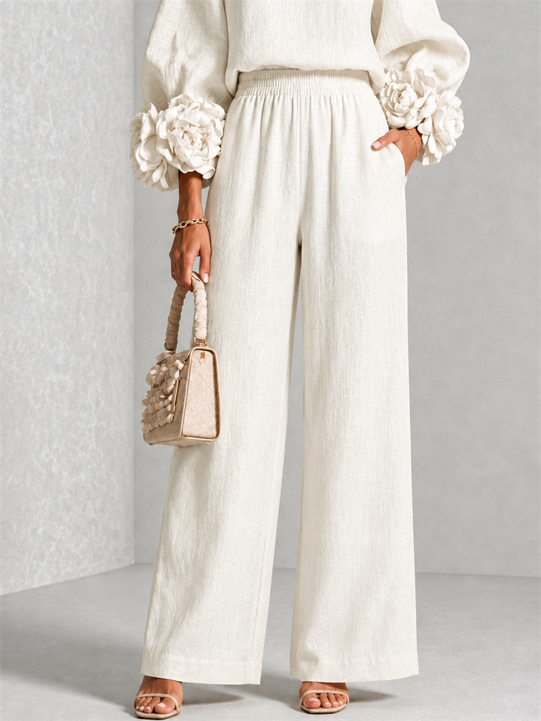 Carys Floral Cuff Two-Piece Set with Wide-Leg Trousers