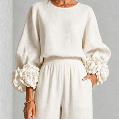 Carys Floral Cuff Two-Piece Set with Wide-Leg Trousers