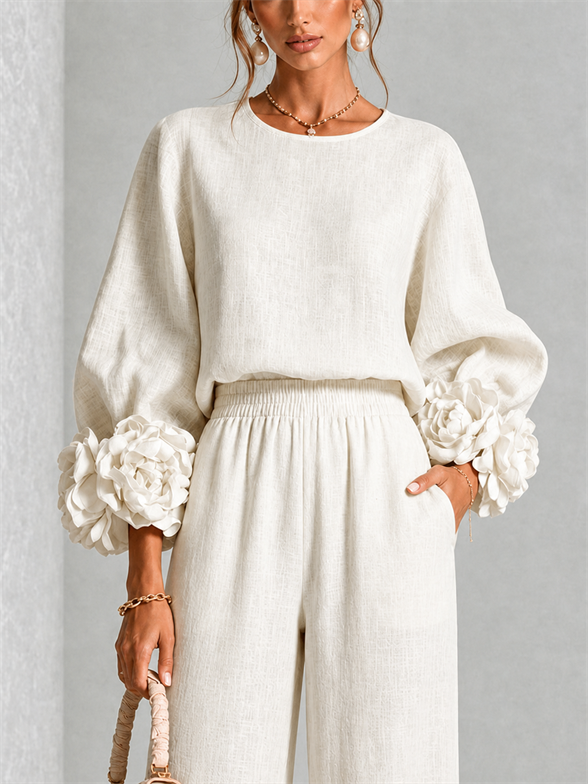 Carys Floral Cuff Two-Piece Set with Wide-Leg Trousers