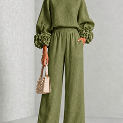 Carys Floral Cuff Two-Piece Set with Wide-Leg Trousers