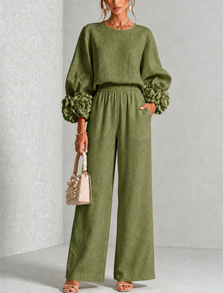 Carys Floral Cuff Two-Piece Set with Wide-Leg Trousers