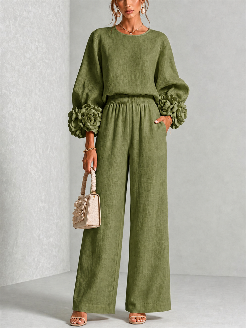 Carys Floral Cuff Two-Piece Set with Wide-Leg Trousers