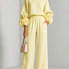 Carys Floral Cuff Two-Piece Set with Wide-Leg Trousers