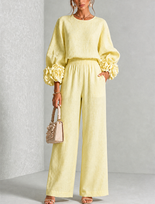 Carys Floral Cuff Two-Piece Set with Wide-Leg Trousers