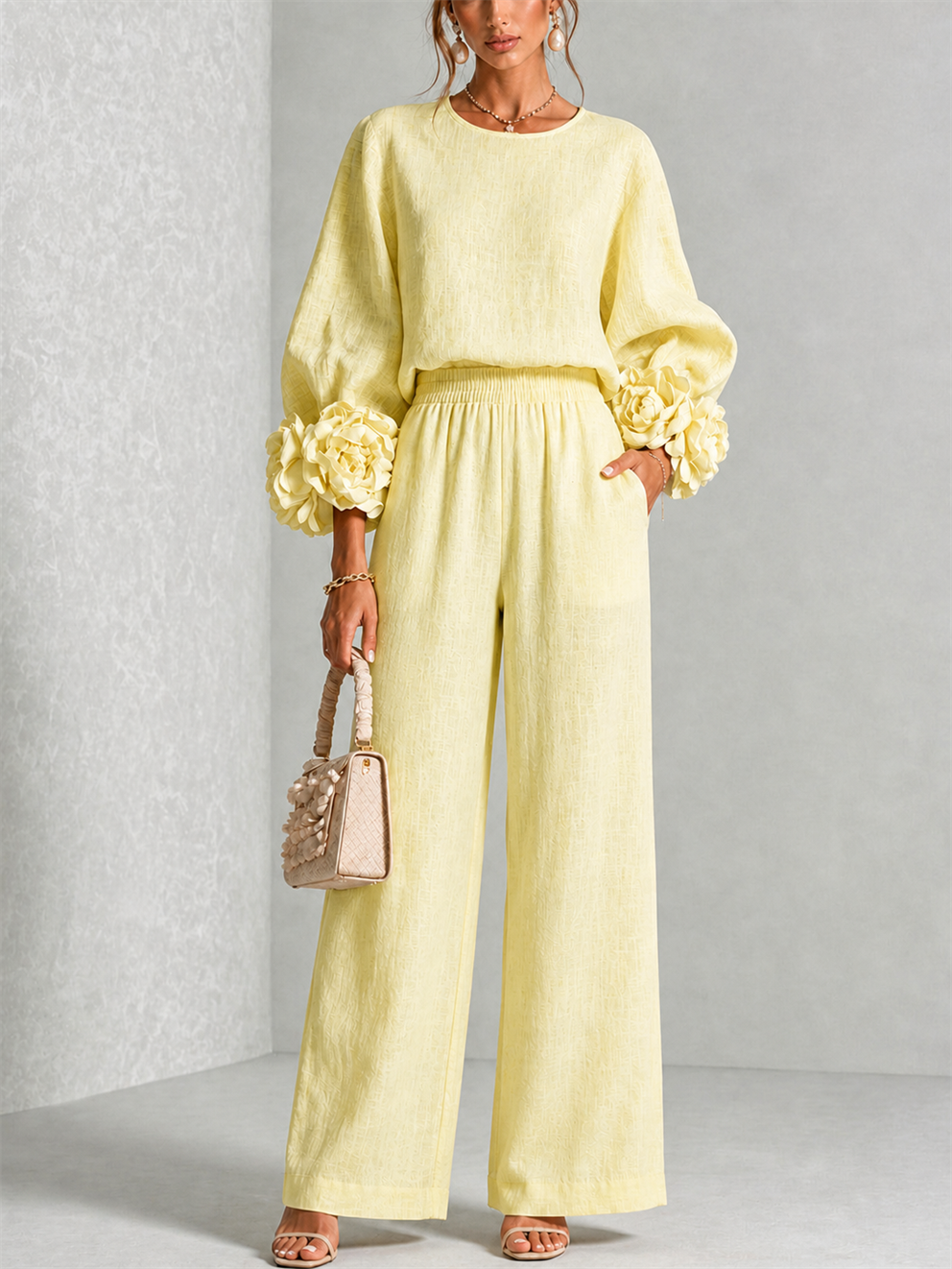 Carys Floral Cuff Two-Piece Set with Wide-Leg Trousers