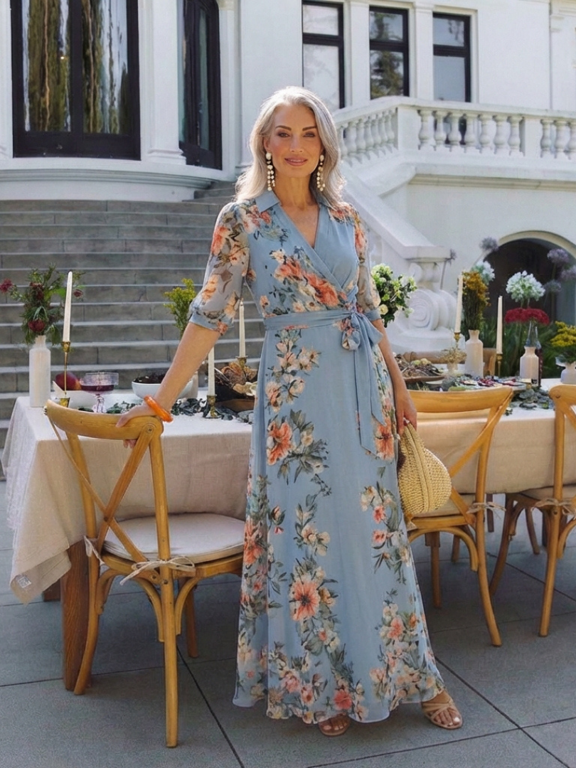Elowen Floral Wrap V Neck Maxi Dress