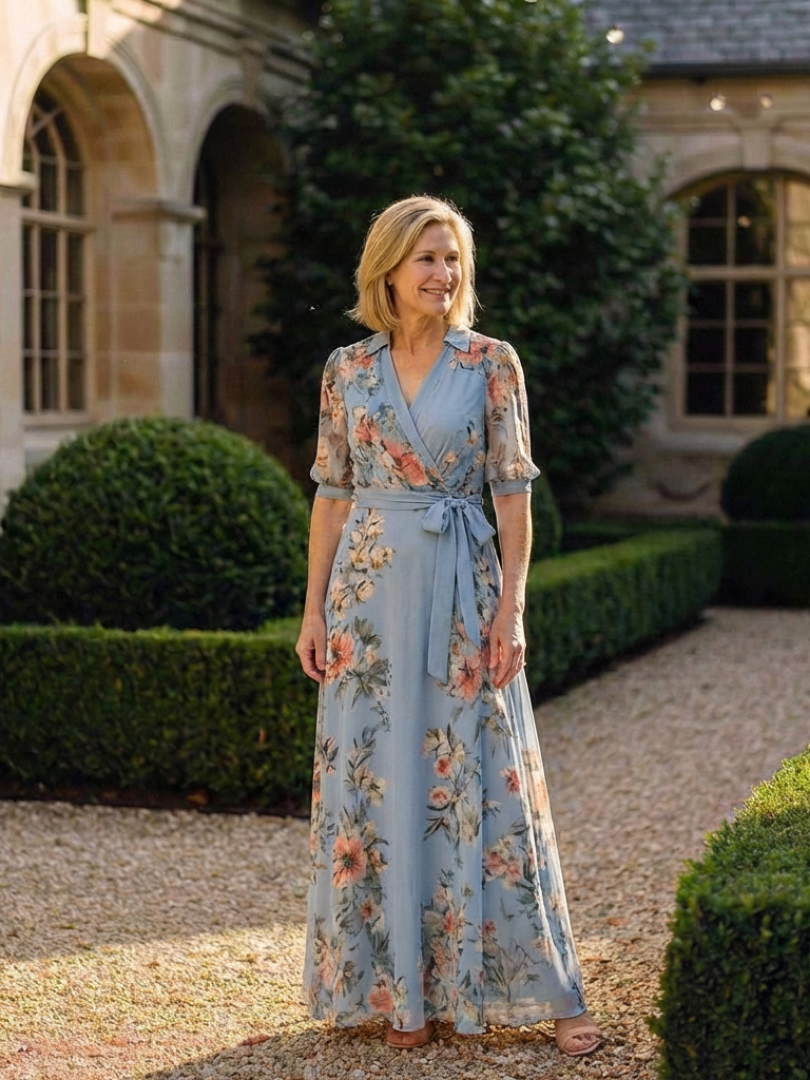 Elowen Floral Wrap V Neck Maxi Dress