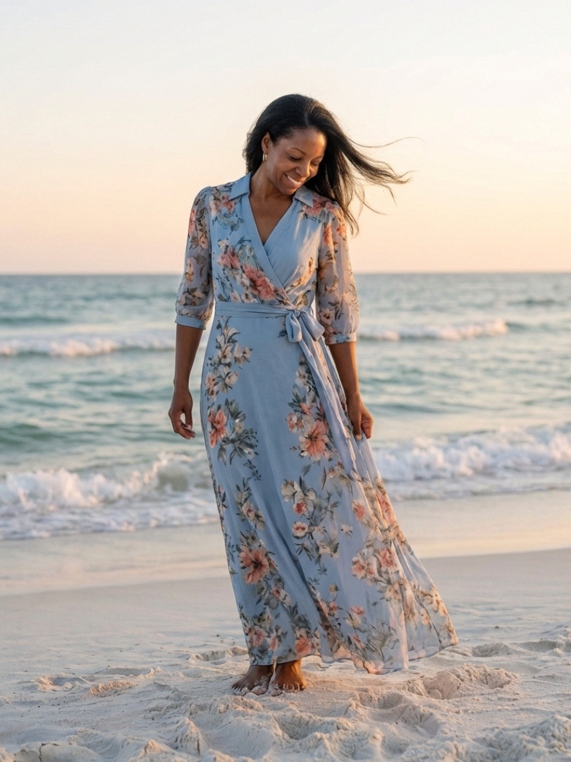 Elowen Floral Wrap V Neck Maxi Dress