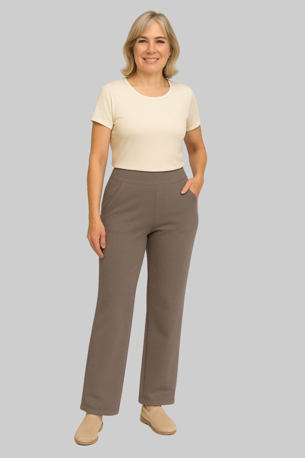 Olivia stretch pants in taupe on a studio background